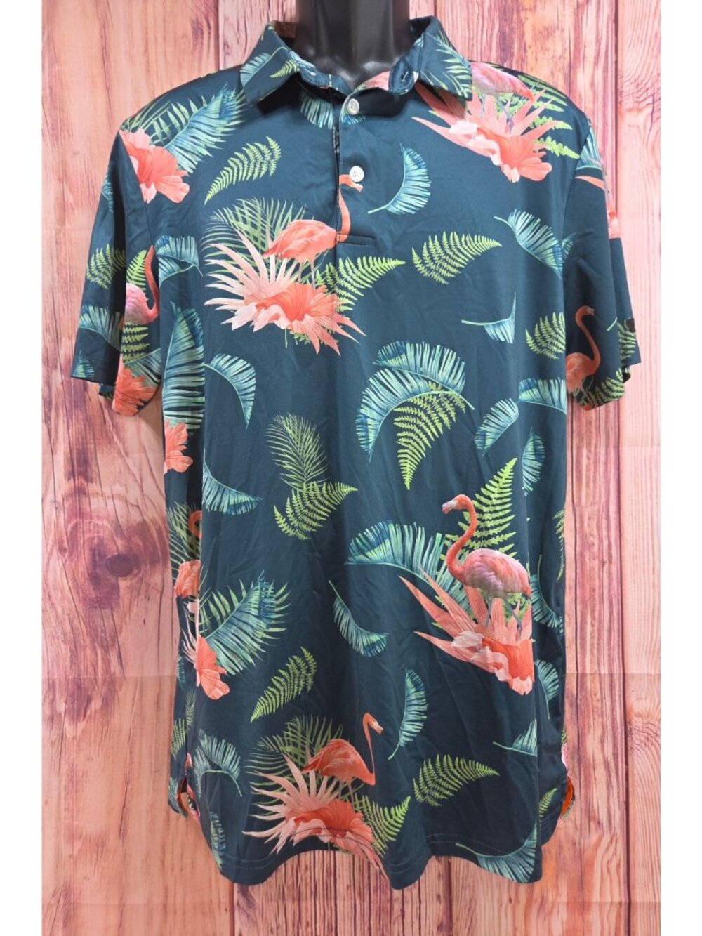 Obla Mens Flamingo & Tropical Print Performance Polo Medium - Green & Pink